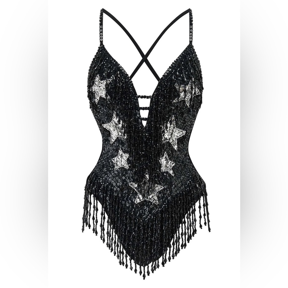 Easy Tiger Stargazer Black and Silver Star Sequin Bodysuit